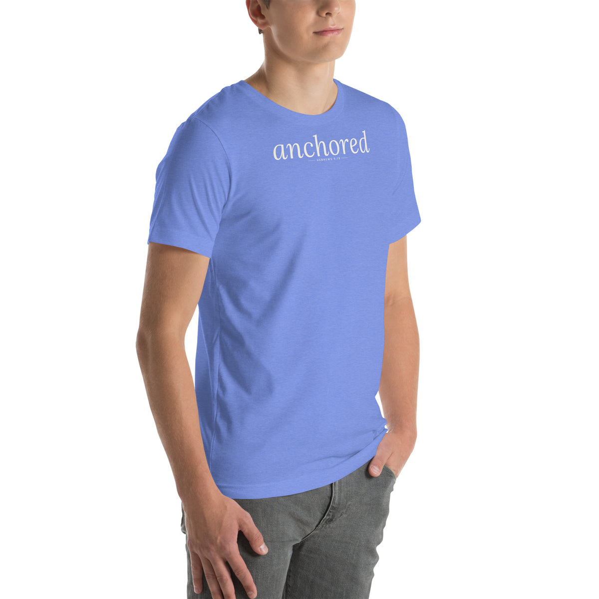 Anchored Christian unisex tee in Heather Columbia Blue, right-front view on model