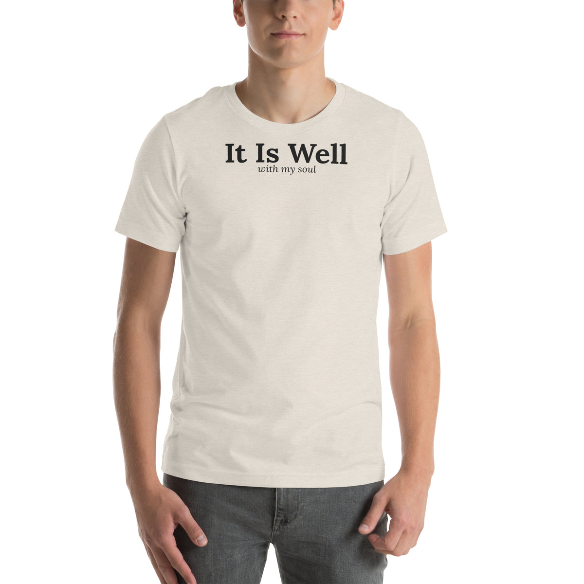 It Is Well Christian unisex tee in Heather Dust, front view on model