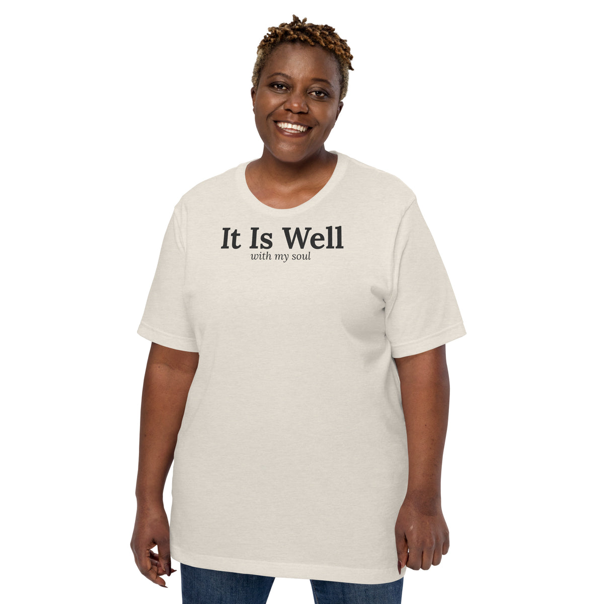 It Is Well Christian unisex tee in Heather Dust, front view on women's model