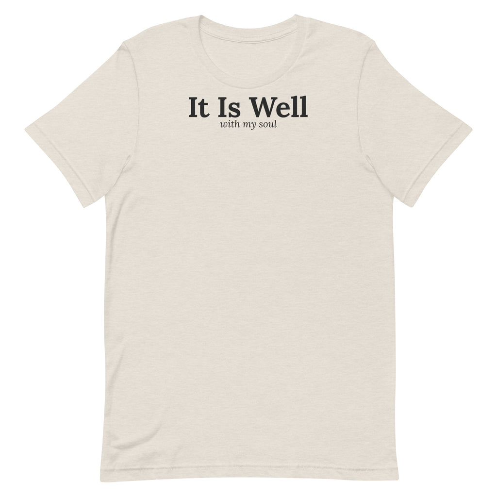 It Is Well Christian unisex tee in Heather Dust, flat lay front view