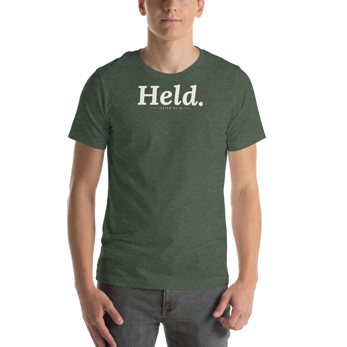 Held. Christian unisex tee in Heather Forest, front view on model