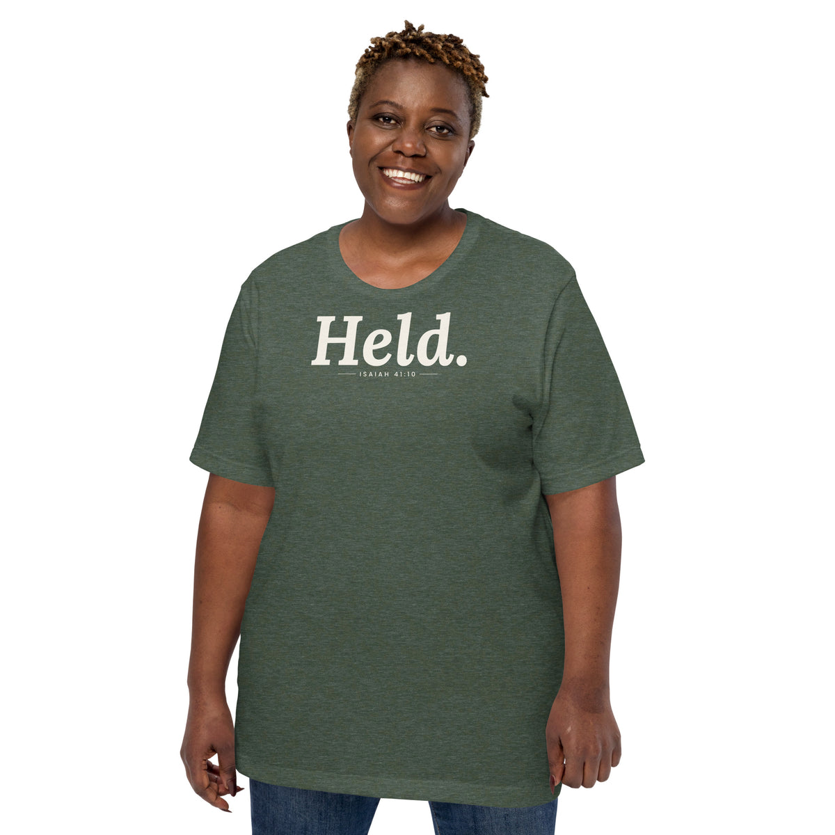 Held. Christian unisex tee in Heather Forest, front view on women's model
