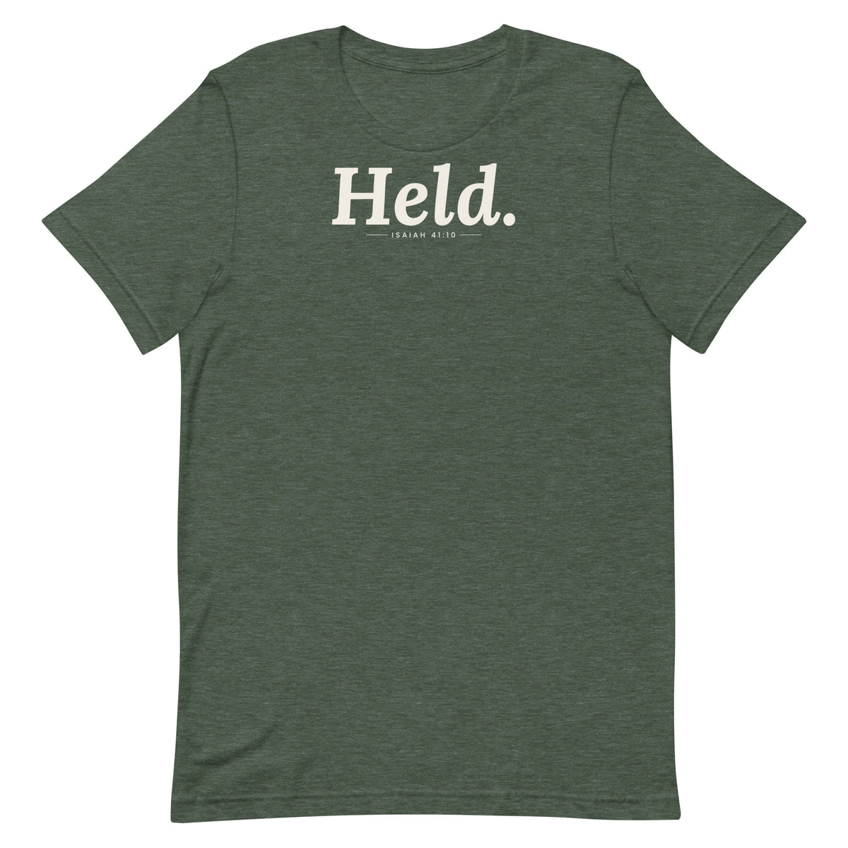 Held. Christian unisex tee in Heather Forest, flat lay front view