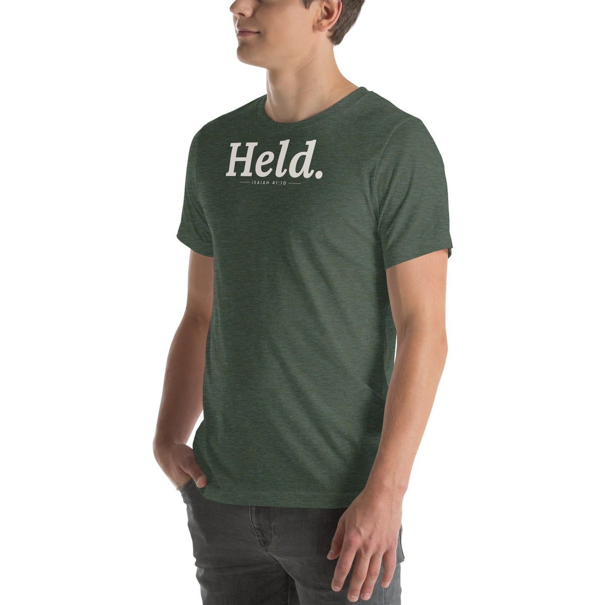 Held. Christian unisex tee in Heather Forest, left-front view on model