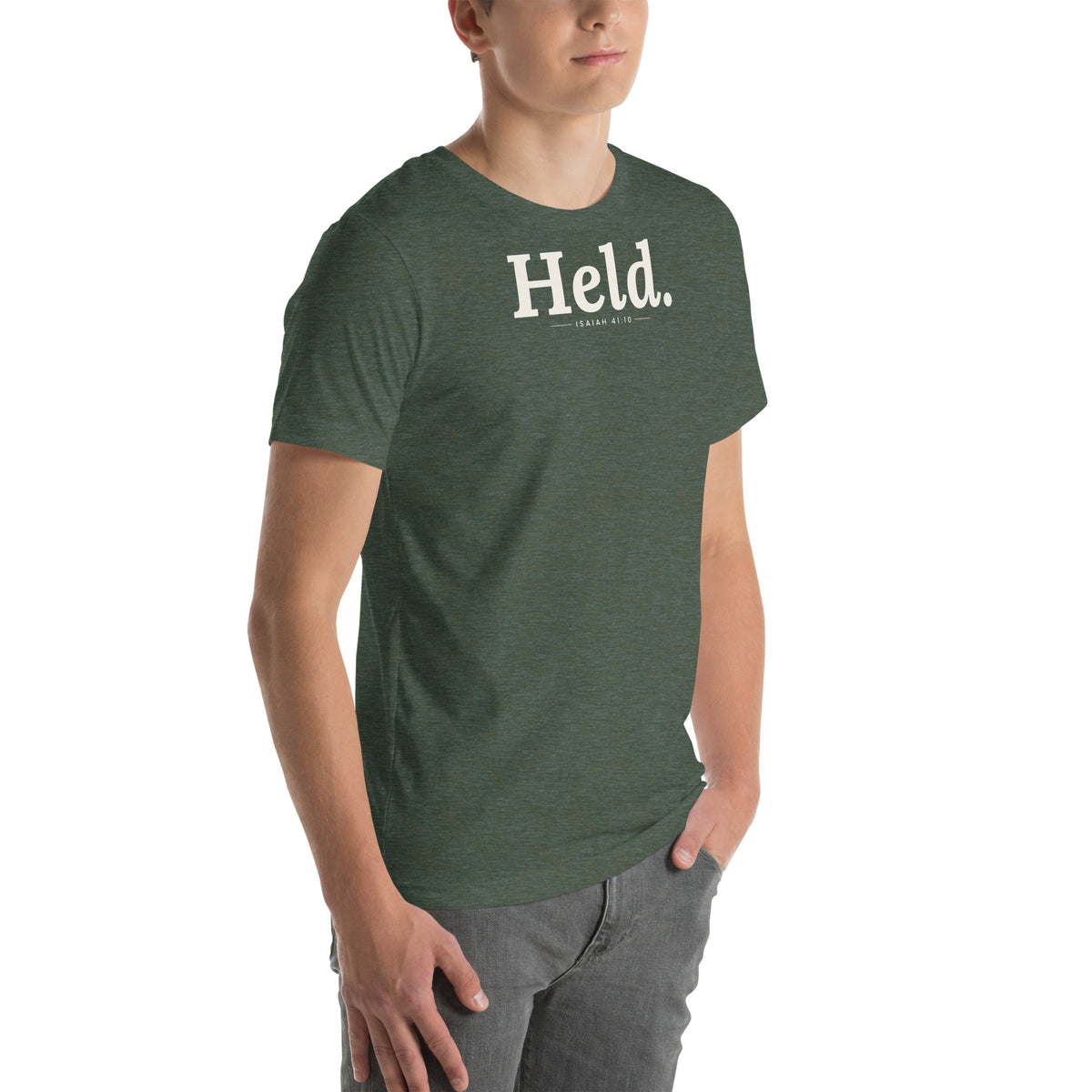Held. Christian unisex tee in Heather Forest, right-front view on model