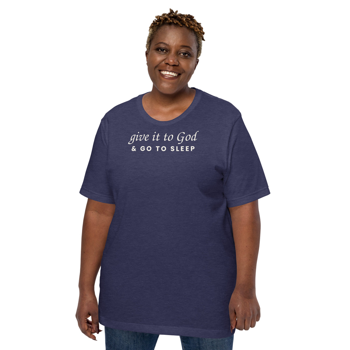 Give It to God & Go to Sleep Christian unisex tee in Heather Midnight Navy, front view on women's model
