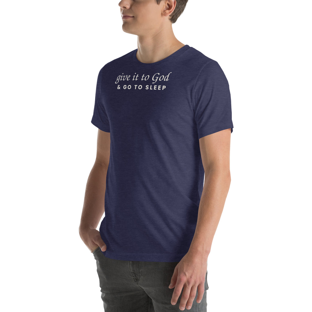 Give It to God & Go to Sleep Christian unisex tee in Heather Midnight Navy, left-front view on model