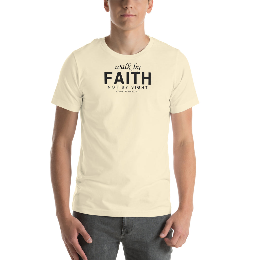 Walk by Faith Christian unisex tee in Natural, front view on model
