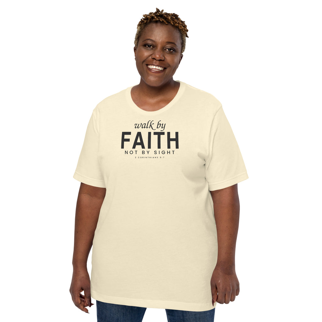 Walk by Faith Christian unisex tee in Natural, front view on women's model