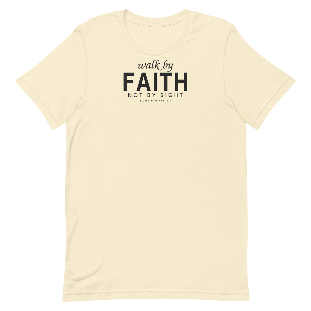 Walk by Faith Christian unisex tee in Natural, flat lay front view