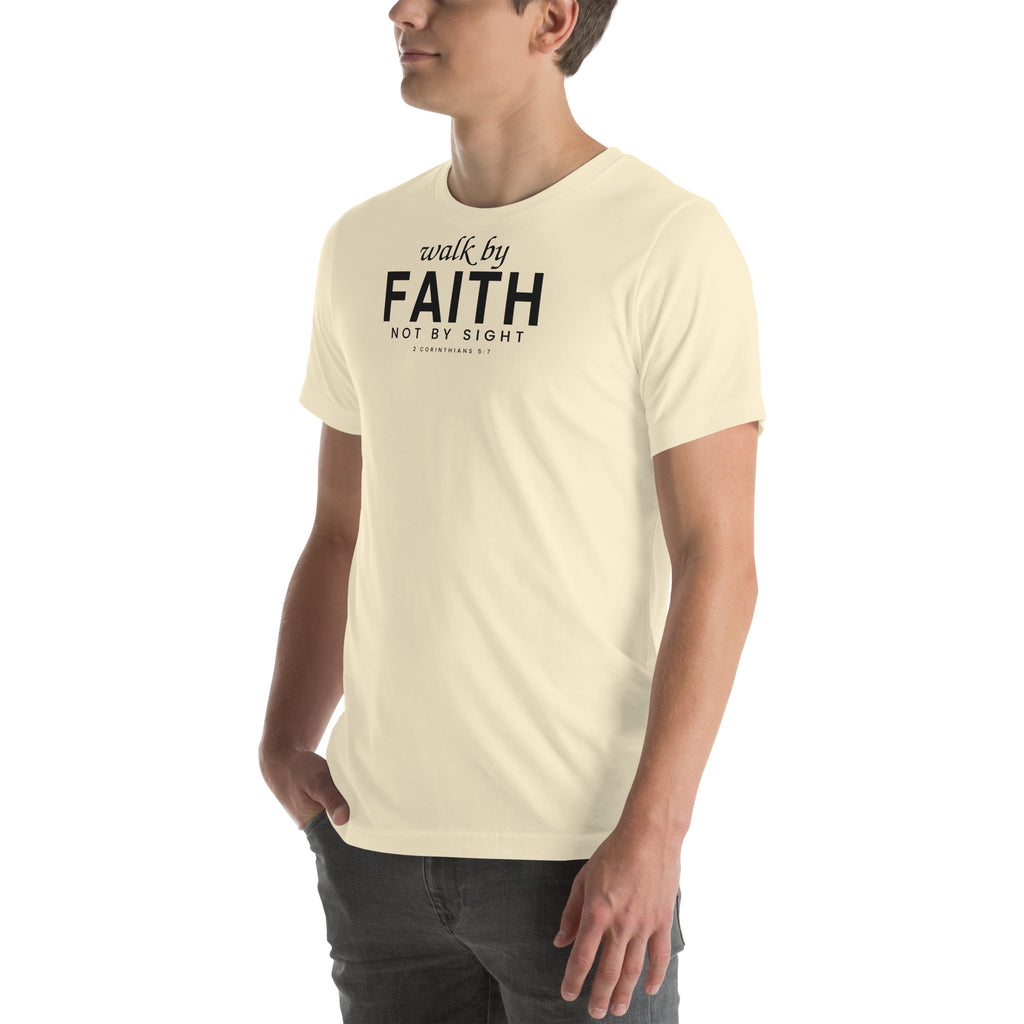 Walk by Faith Christian unisex tee in Natural, left-front view on model