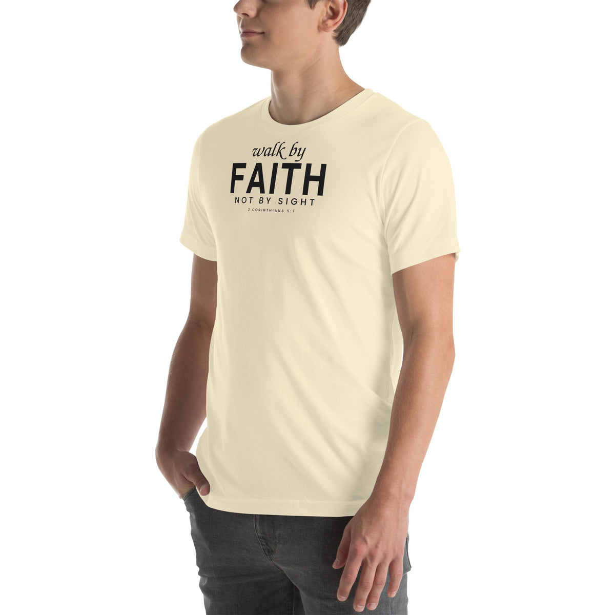 Walk by Faith Christian unisex tee in Natural, left-front view on model