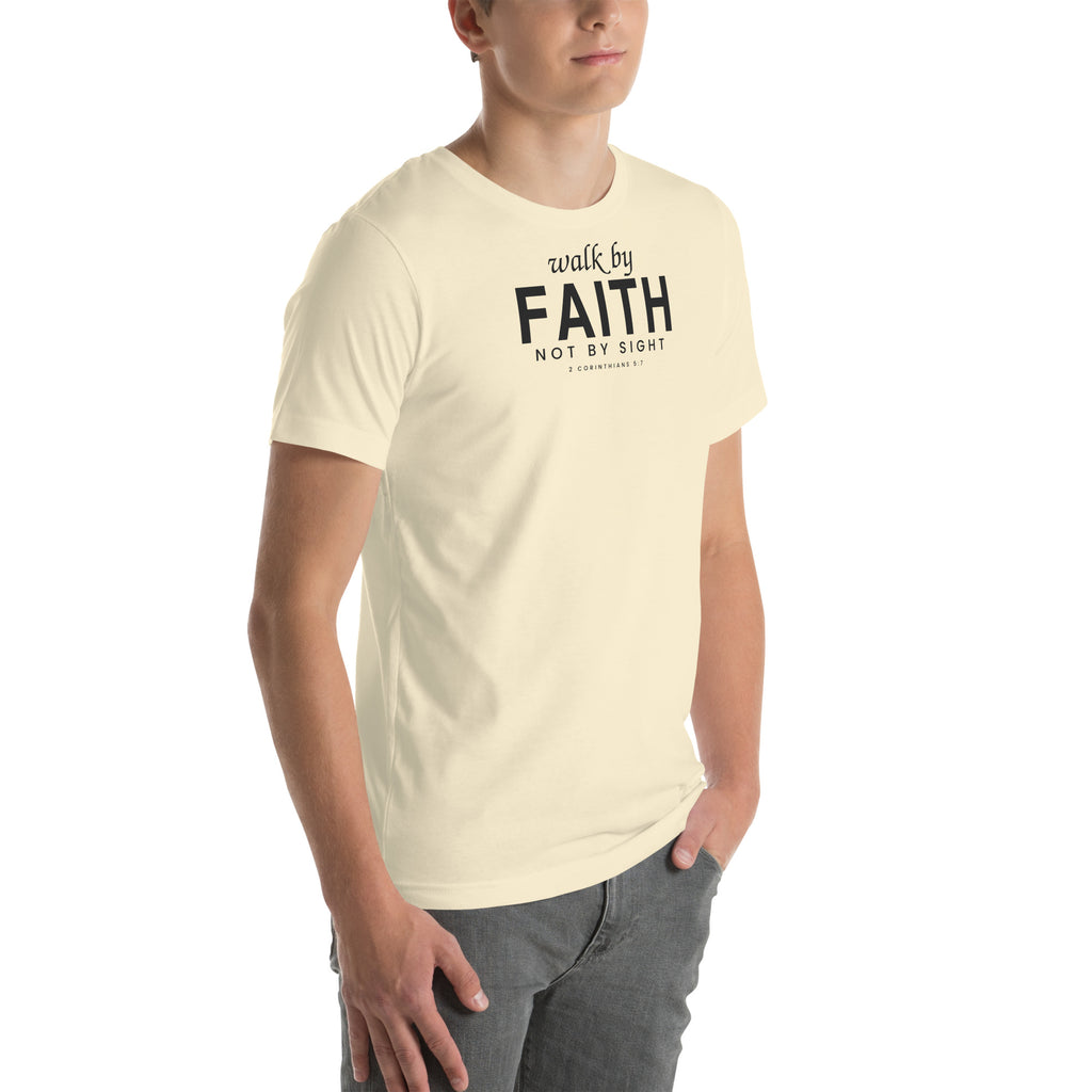 Walk by Faith Christian unisex tee in Natural, right-front view on model