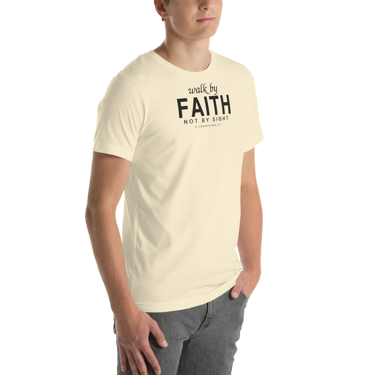 Walk by Faith Christian unisex tee in Natural, right-front view on model