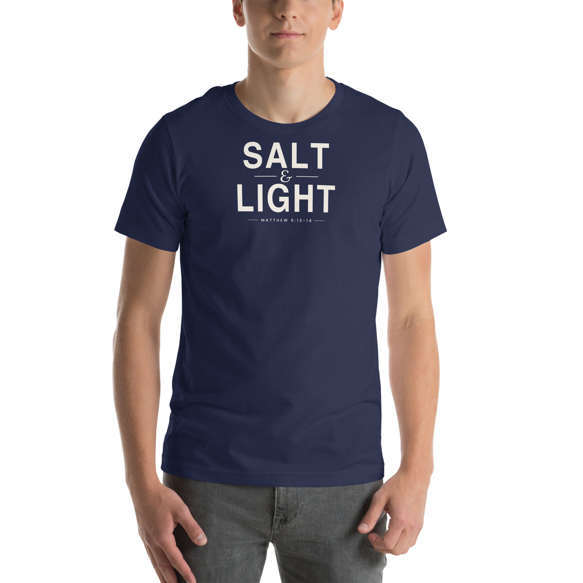 Salt & Light Christian unisex tee in Navy, front view on model