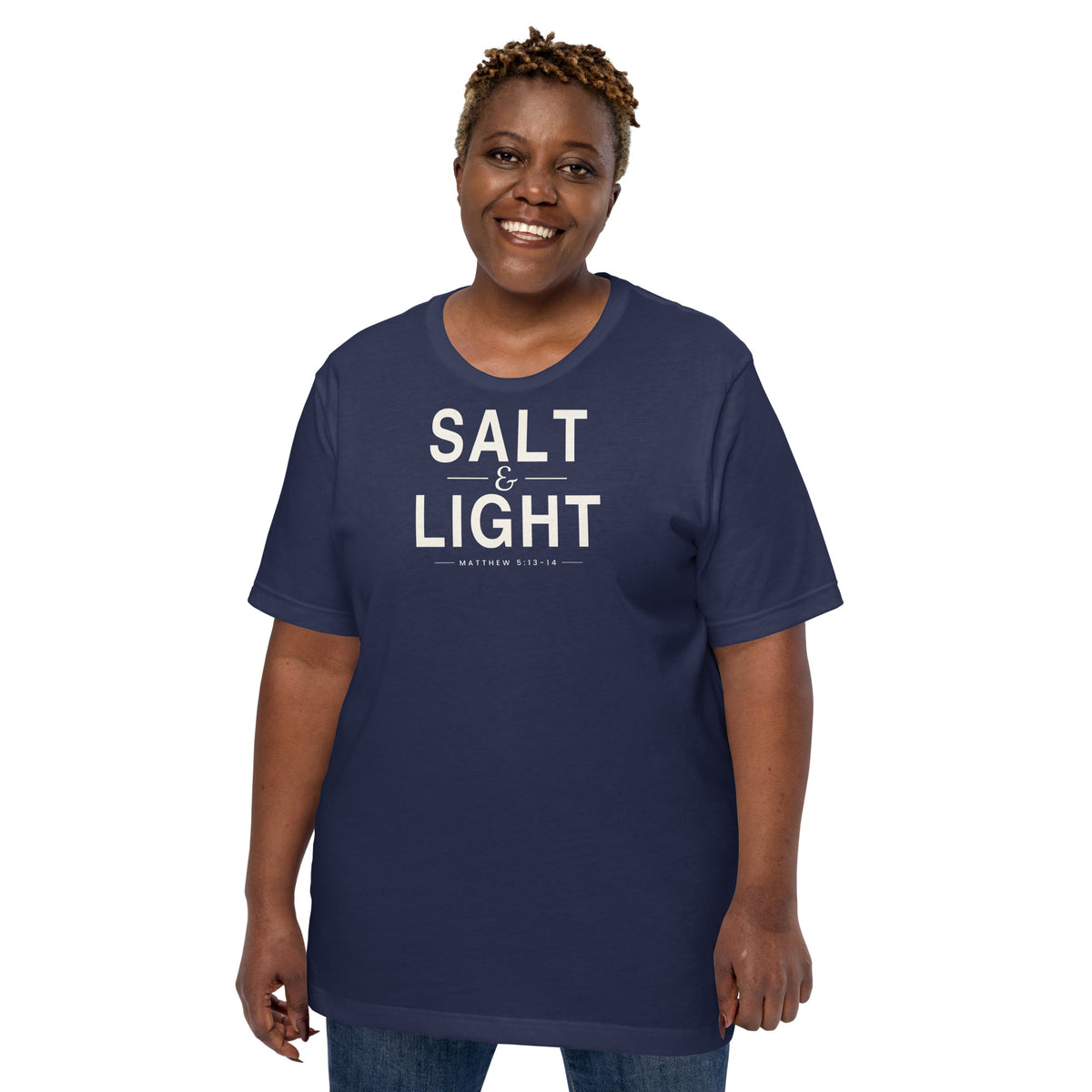 Salt & Light Christian unisex tee in Navy, front view on women's model