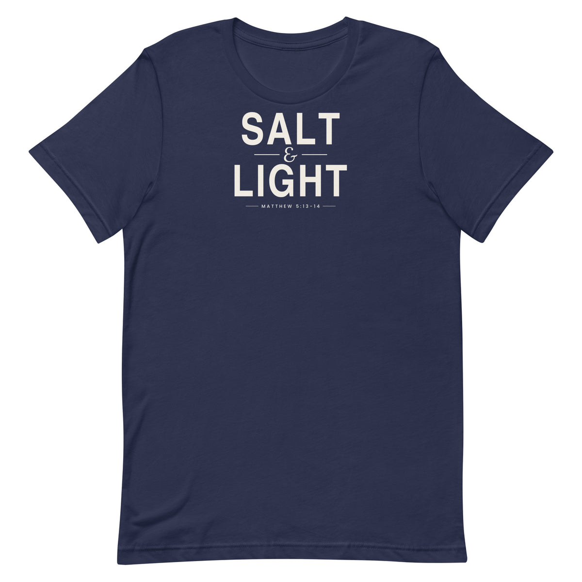 Salt & Light Christian unisex tee in Navy, flat lay front view