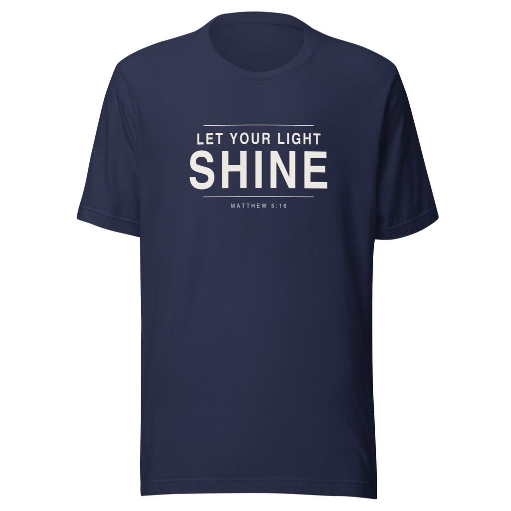 Let Your Light Shine Christian unisex tee in Navy, flat lay front view