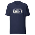 Let Your Light Shine Christian unisex tee in Navy, flat lay front view