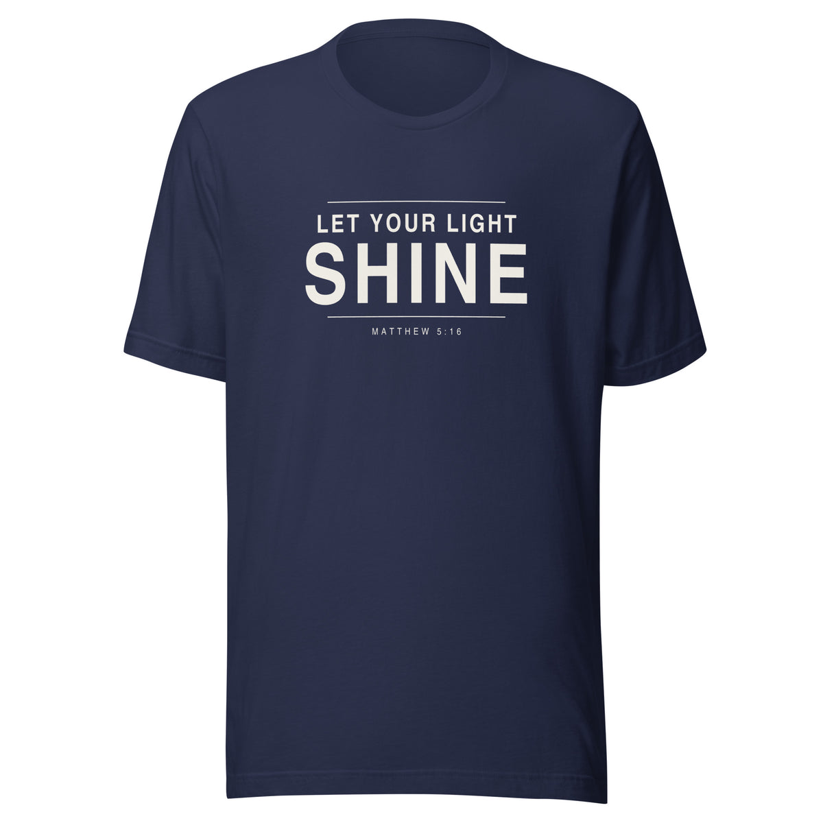 Let Your Light Shine Christian unisex tee in Navy, flat lay front view