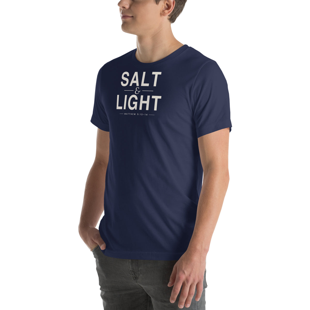 Salt & Light Christian unisex tee in Navy, left-front view on model