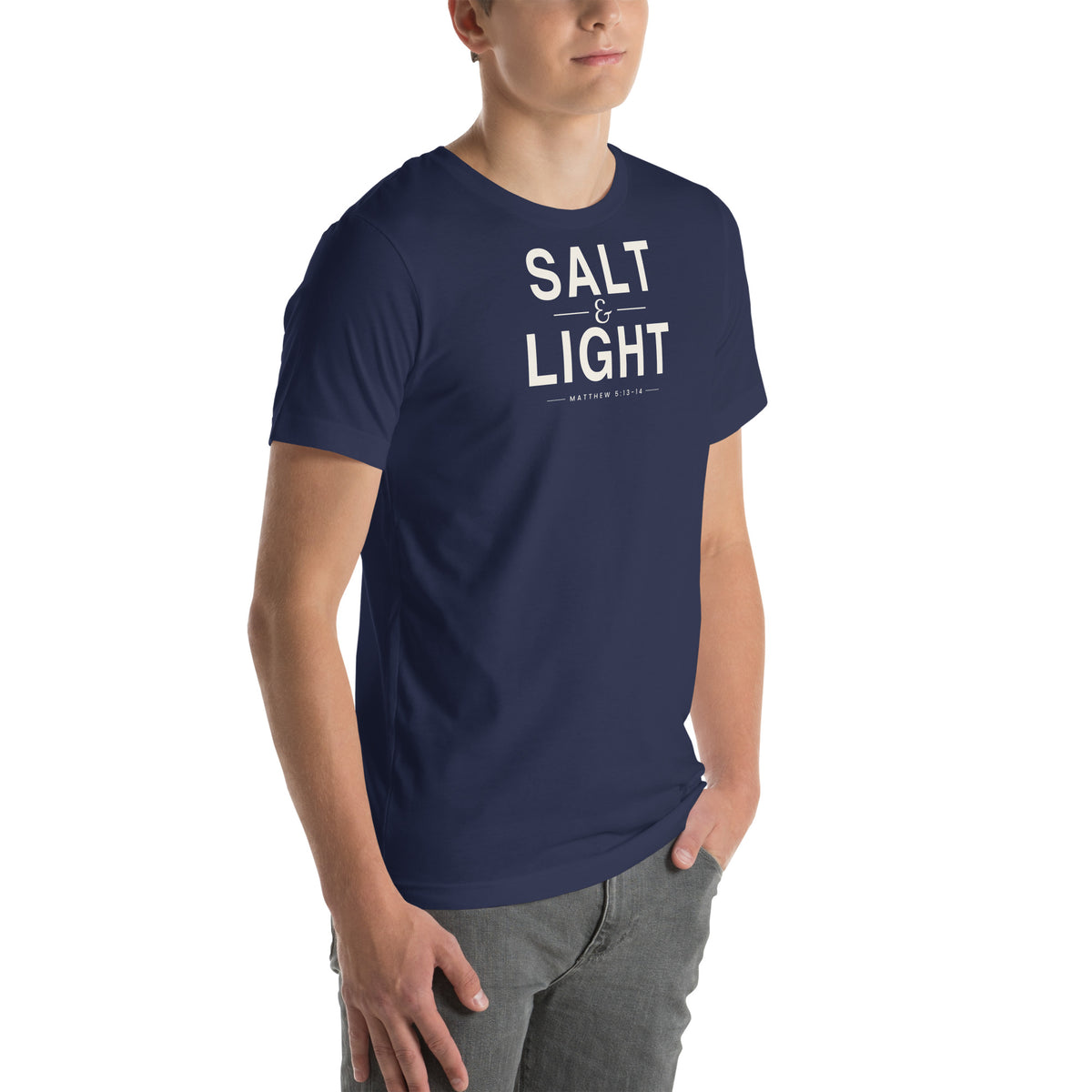Salt & Light Christian unisex tee in Navy, right-front view on model