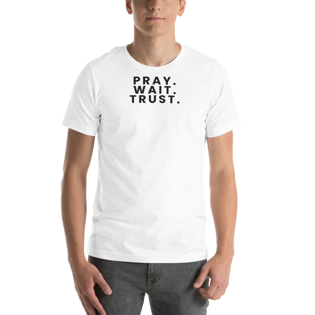 Pray. Wait. Trust. Christian unisex tee in White, front view on model