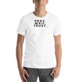 Pray. Wait. Trust. Christian unisex tee in White, front view on model