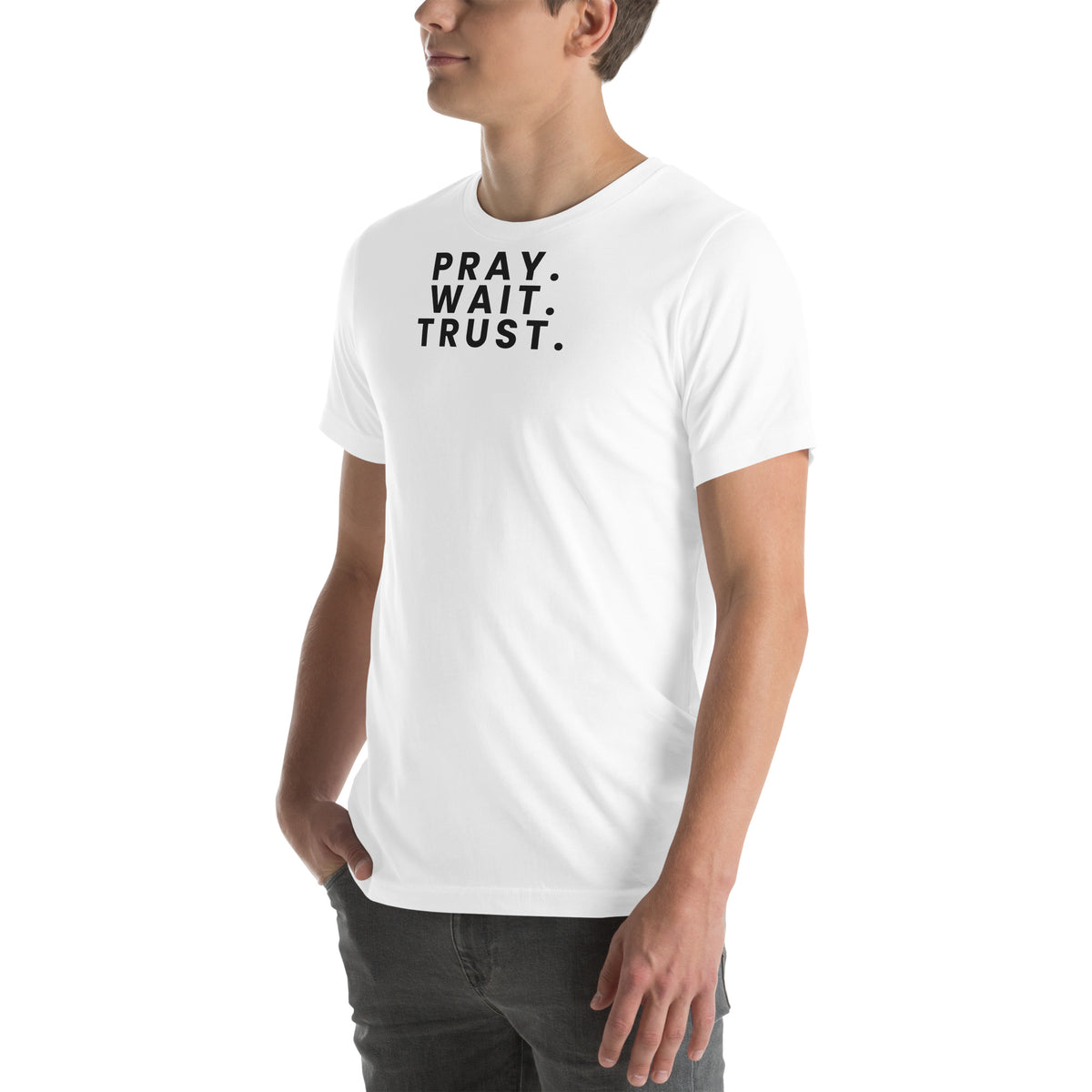 Pray. Wait. Trust. Christian unisex tee in White, left-front view on model
