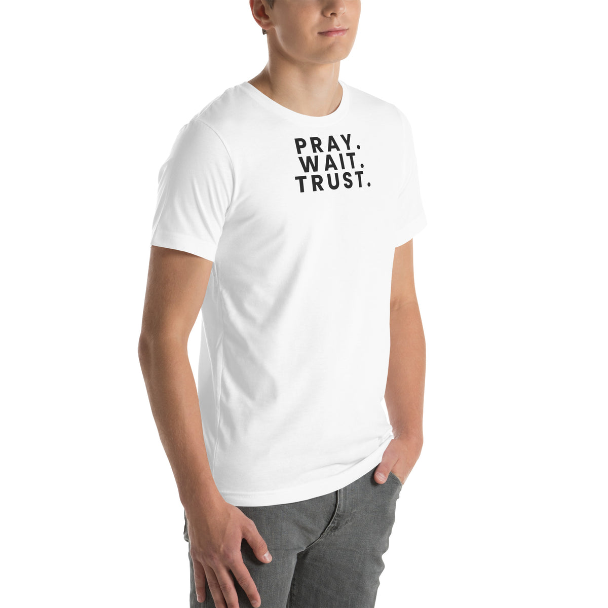 Pray. Wait. Trust. Christian unisex tee in White, right-front view on model